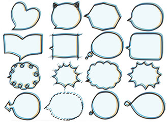 様々な形の吹き出しを複数の色の線で重ねたクールな色味の手書き風線画吹き出しセット