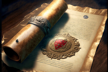 Medieval wax seal and parchment, ancient document, Generative AI