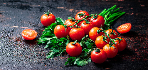Fresh tomatoes on a branch with parsley. 