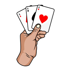 Casino Logo with hand holding cards, on white background. Design element for logo, poster, card, banner, emblem, t shirt. Vector illustration.