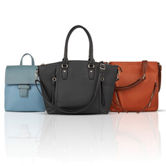 Collection of women's bags with cut out isolated on background transparent