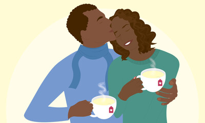 Couple in love drinking hot tea