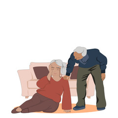 Old man taking care of Old woman man falling accident in living room. Elderly woman man dropping from sofa (settee, also couch).Vector flat illustration characters design concept for Home care service