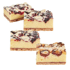 Cake piece chocolate with milk cream and fruits with cut out isolated on background transparent