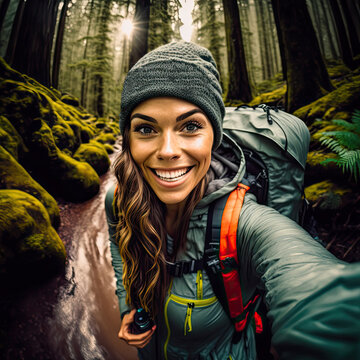 Young woman taking a selfi in forest - Generative AI