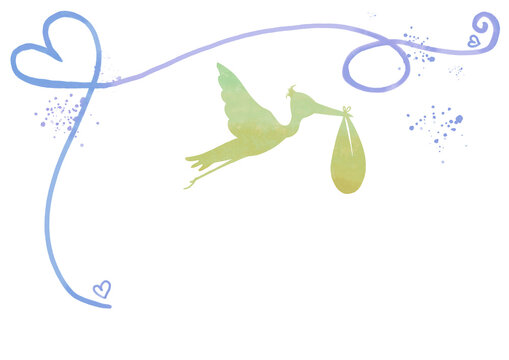 Stork delivers a baby. Digital watercolor illustration.