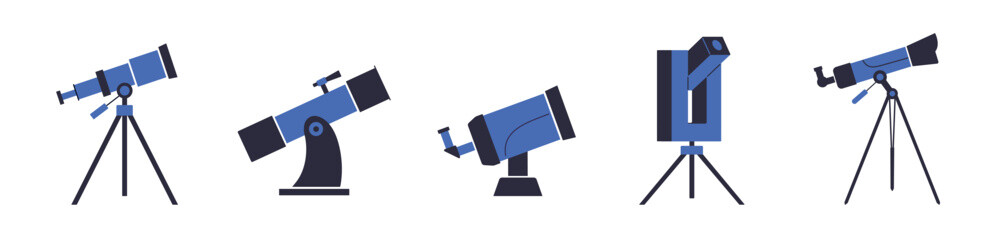 Modern portable astronomer telescopes. Scientific equipment spyglass, binoculars vector icons. Optical device to explore, discover galaxy, cosmos, space  illustration on white background