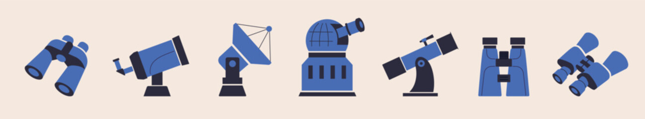 Optical telescopes vector flat set. Astronomy discovery equipment icons. Telescope, binoculars, spyglass, observatory illustration. Scientific devices with lenses for observation sky, stars, cosmos