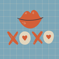 Hand drawn illustration valentine's day card with red lips and lettering 