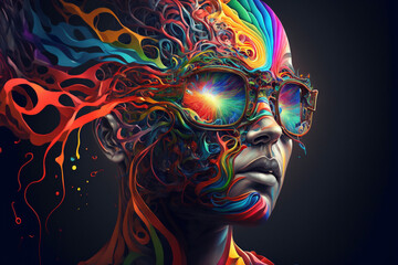 Fototapeta na wymiar Kreative Explosion, bunte Farben und Formen spritzen über ein Gesicht, Frau, Generative AI