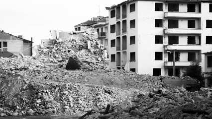 Earthquake damage in a city. Destroyed buildings after an earthquake. Selective focus included