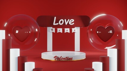 3D rendering of red podium for Valentine products on Valentine's Day.