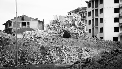 Israel Palestine war. War debris in a city after bombardment. War in middle east