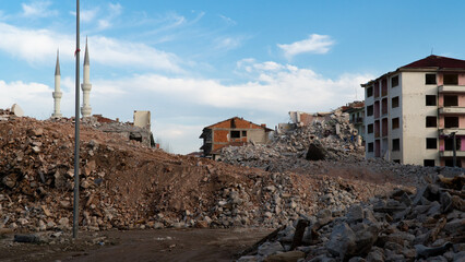 Earthquake damage in a city. Destroyed buildings after an earthquake. Selective focus included