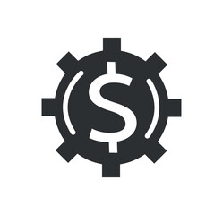 Dollar in coghweel icon. Efficient workflow and financial strategy, planning. Business processes and passive income. Earning money and success, wealth. Cartoon flat vector illustration