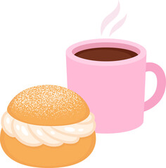 Cup of coffee or tea with cream bun