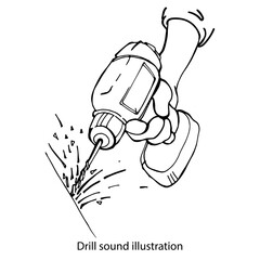 lustration of the sound of a drill. Graphic black and white isolated drawing. Drill in hand. Construction technology. Make holes with a drill.