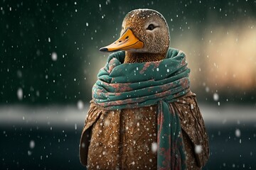 illustration de l'expression il fait un froid de canard - canard avec une écharpe dans la neige - illustration ia - obrazy, fototapety, plakaty