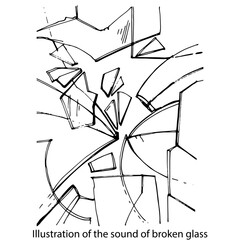Illustration of the sound of broken glass. Graphic black and white isolated drawing. A window with broken glass. Cracked, Damaged glass. Fragments