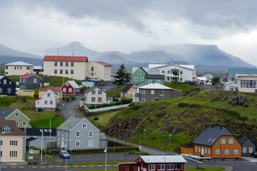 Stykkisholm, Iceland - July 28, 2022: View of the town from Sugandisey Island Lighthouse