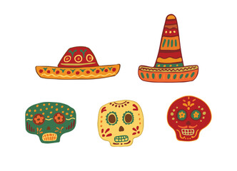 Bright set of Mexican skulls and hats. Sugar skull, beautiful sombreros. Vector illustration