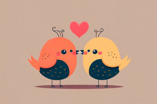 appy heart, valentine day celebration, cute happy chibi birds illustration, vector, simple clean, minimalist, wallpaper, generative ai