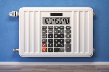 Heating radiator in form of calculator. Saving in heating, calculation energy costs and energy crisis concept.