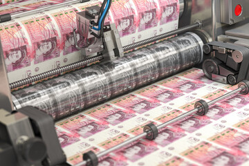 Printing money United Kingdom pound bills on a print machine in typography.. Finance, tax, stock market and investment, making money concept.