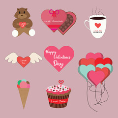 Valentines day Elements Collection. This vector contains many best gift items of valentines day. This Vector contains Teddy, Chocolate Box, Coffee Mug, Love  shape, Ice-cream, Cup Cake, Love Balloons.