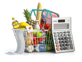 Shopping cbasket full of grocery food with receipt and calculator isolated on white. Home budget, savings, inflation and consumerism concept. - obrazy, fototapety, plakaty