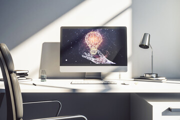 Creative light bulb illustration on modern computer monitor, future technology concept. 3D Rendering