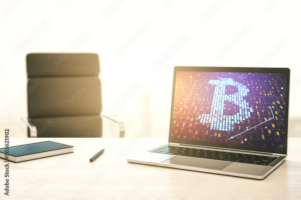 Poster Modern computer display with creative Bitcoin symbol hologram. Mining and blockchain concept. 3D Rendering