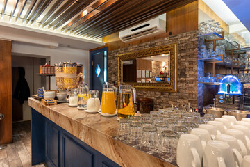 Restaurant interior with food buffet table