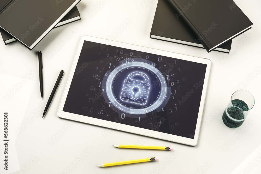 Poster Creative idea concept with lock symbol and microcircuit illustration on modern digital tablet screen. Protection and firewall concept. Top view. 3D Rendering