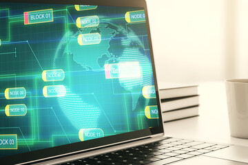 Modern computer screen with abstract graphic coding sketch and world map, big data and networking concept. 3D Rendering