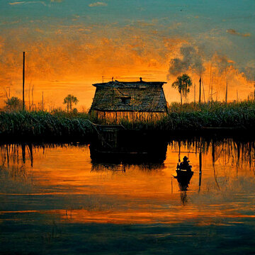 generative AI illustration of a hut , cottage with sunset on the lake