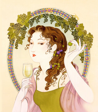 大正浪漫 昭和レトロ 緑のぶどうを背景に白ワインを持つ女性