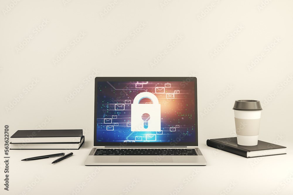 Poster creative light lock illustration with postal envelopes on modern computer monitor, cyber security an