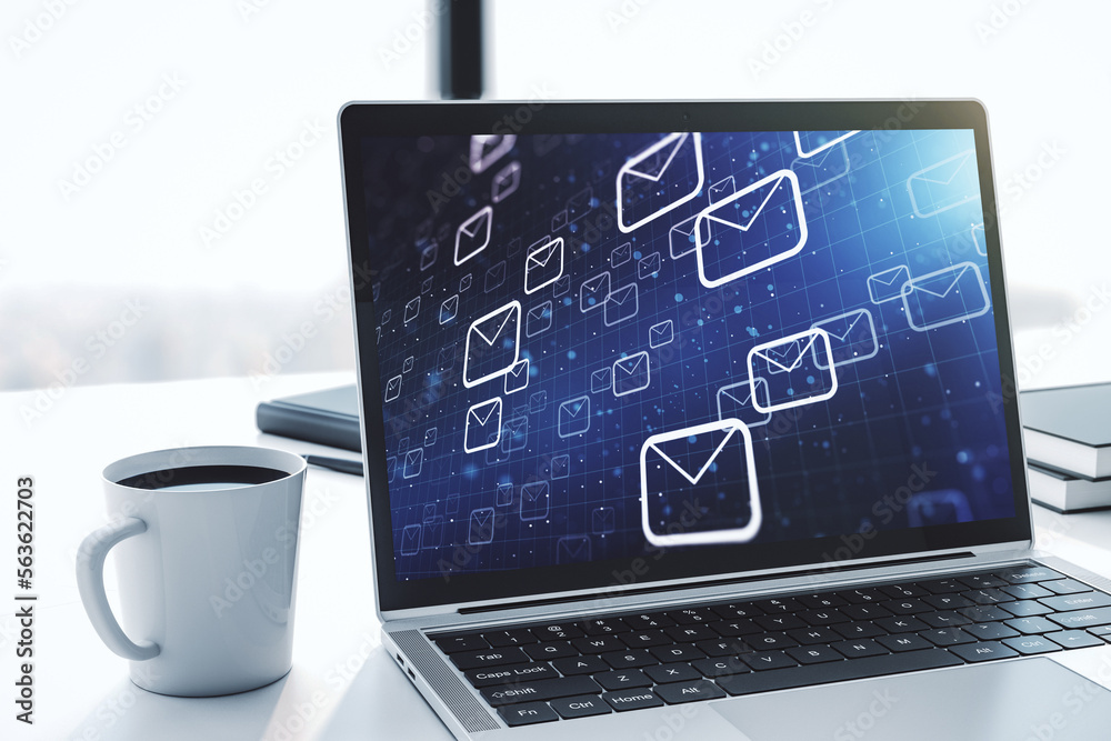 Poster Creative abstract postal envelopes hologram on modern computer monitor, email and notification concept. 3D Rendering