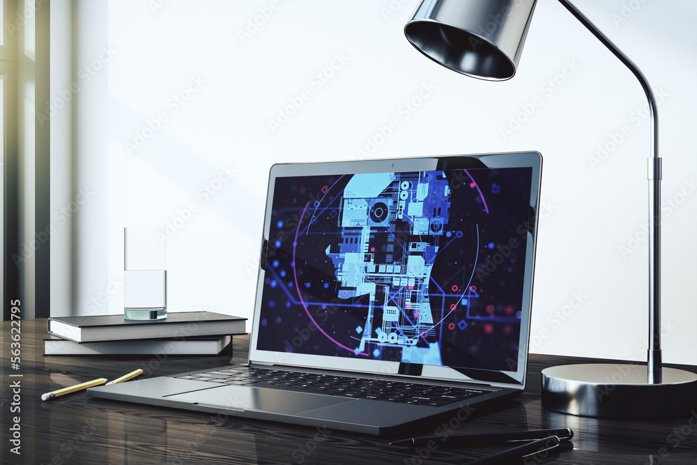Poster modern computer monitor with creative artificial intelligence symbol. neural networks and machine le
