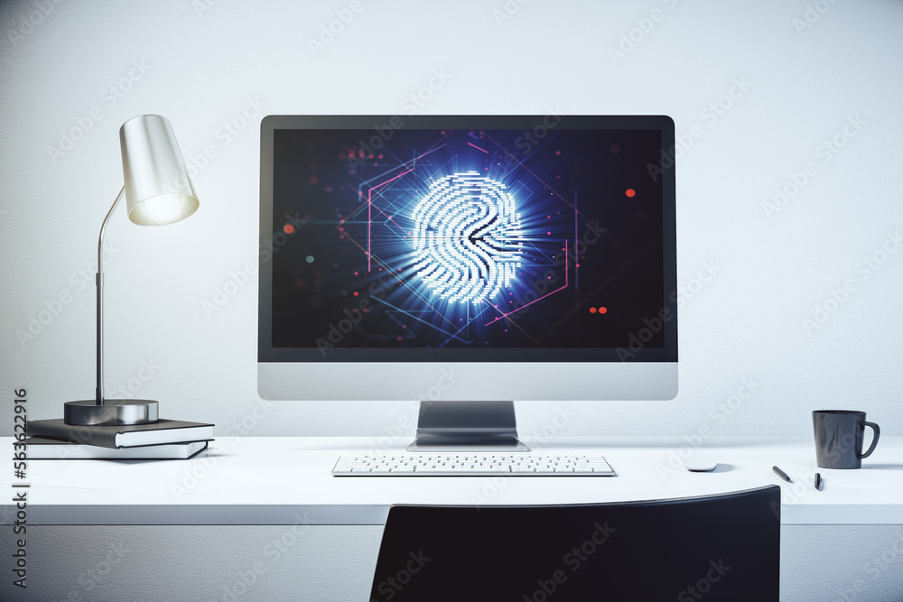 Leinwandbilder modern computer screen with creative fingerprint hologram, personal biometric data concept. 3d rende
