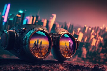 Illustration of goggles reflecting futuristic city in the lens, city in the background. Generative AI