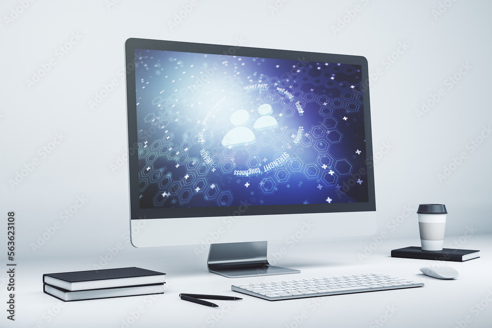Aufkleber creative abstract people icons hologram on modern computer monitor, life and health insurance concep