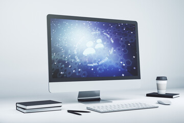 Creative abstract people icons hologram on modern computer monitor, life and health insurance concept. 3D Rendering