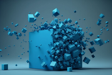 abstract blue background cube made of flying cubes