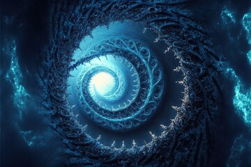 Digital illustration of a blue spiral portal made in amazing shapes. Generative AI