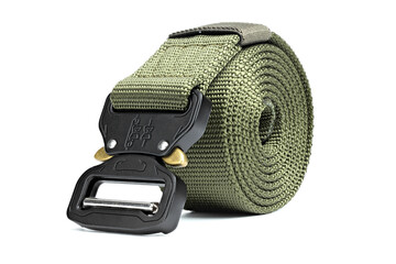 Green mens nylon fastening belt isolated on white background.