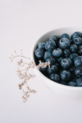 Blueberry berries in bowl on light background with dried flowers. 