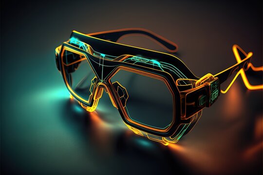 Futuristic Digital Eyeglasses Illustration With Realistic Neon Lights, Dark Background. Generative AI