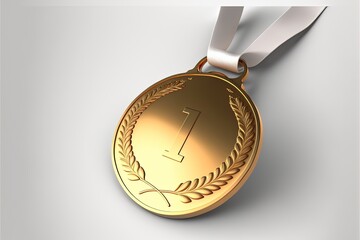 Digital illustration of gold medal with number 1, white background. Generative AI